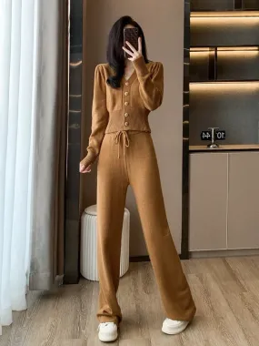 Qingmature Yujie Xiangfeng Knitted Casual Suit Women's Autumn Wear Temperament Fashionable Western Style Sports Wide Leg Pants T