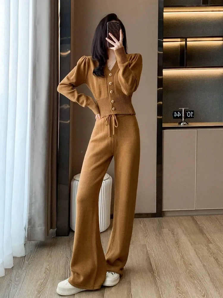 Qingmature Yujie Xiangfeng Knitted Casual Suit Women's Autumn Wear Temperament Fashionable Western Style Sports Wide Leg Pants T