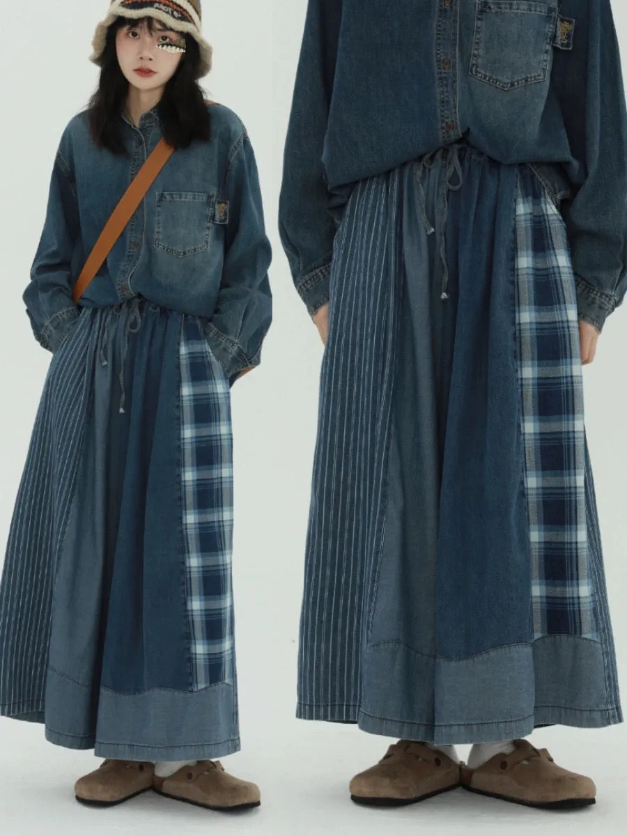 Rare RARE Japanese denim spliced wide-leg pants, loose and drapey, small high-waisted wide-leg floor-length pants for women