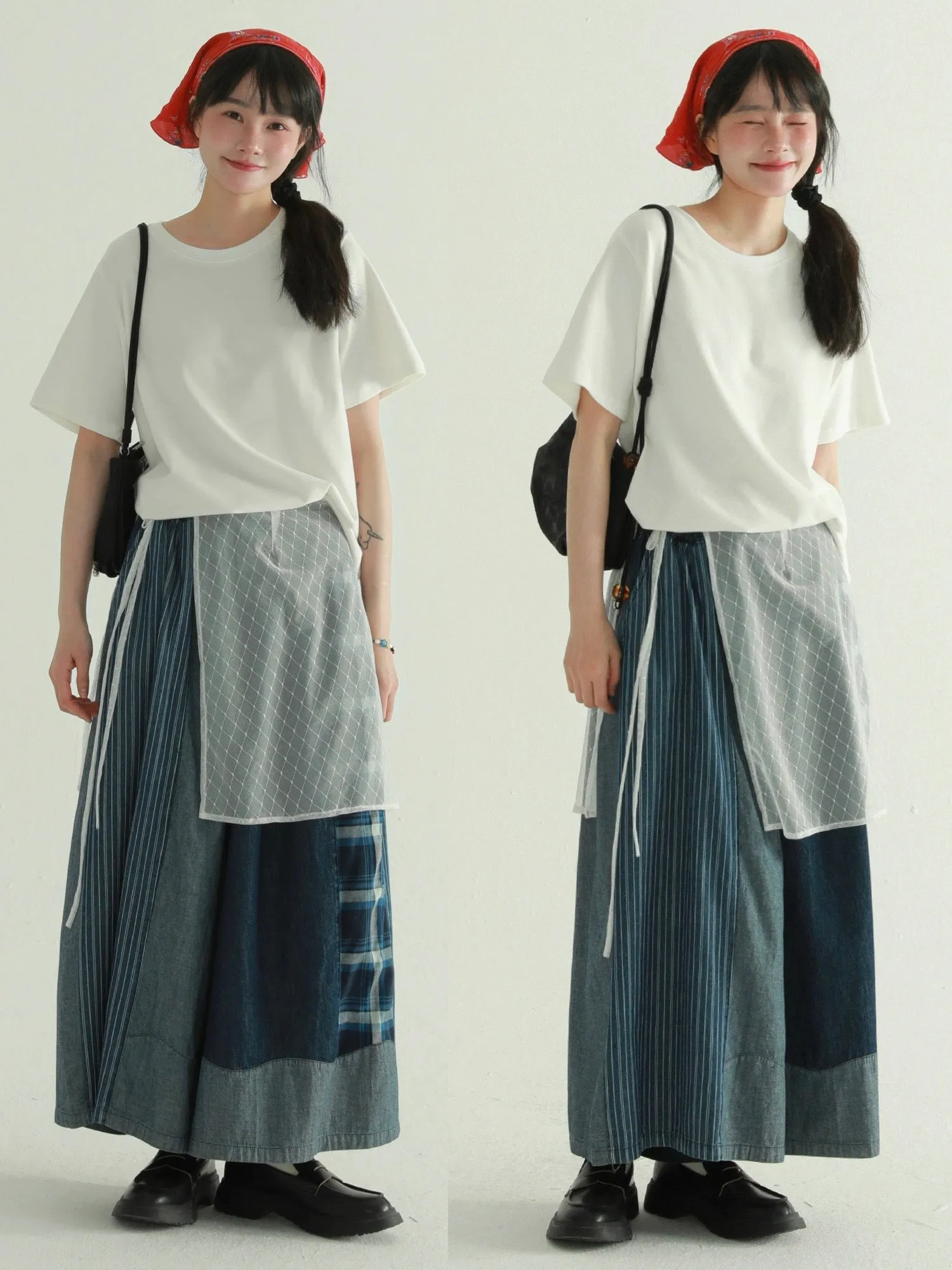 Rare RARE Japanese denim spliced wide-leg pants, loose and drapey, small high-waisted wide-leg floor-length pants for women