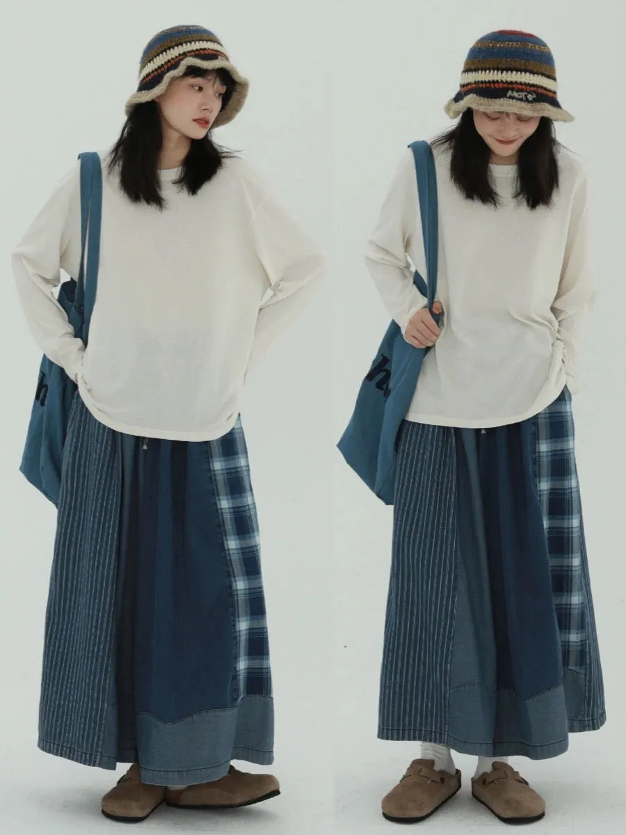 Rare RARE Japanese denim spliced wide-leg pants, loose and drapey, small high-waisted wide-leg floor-length pants for women