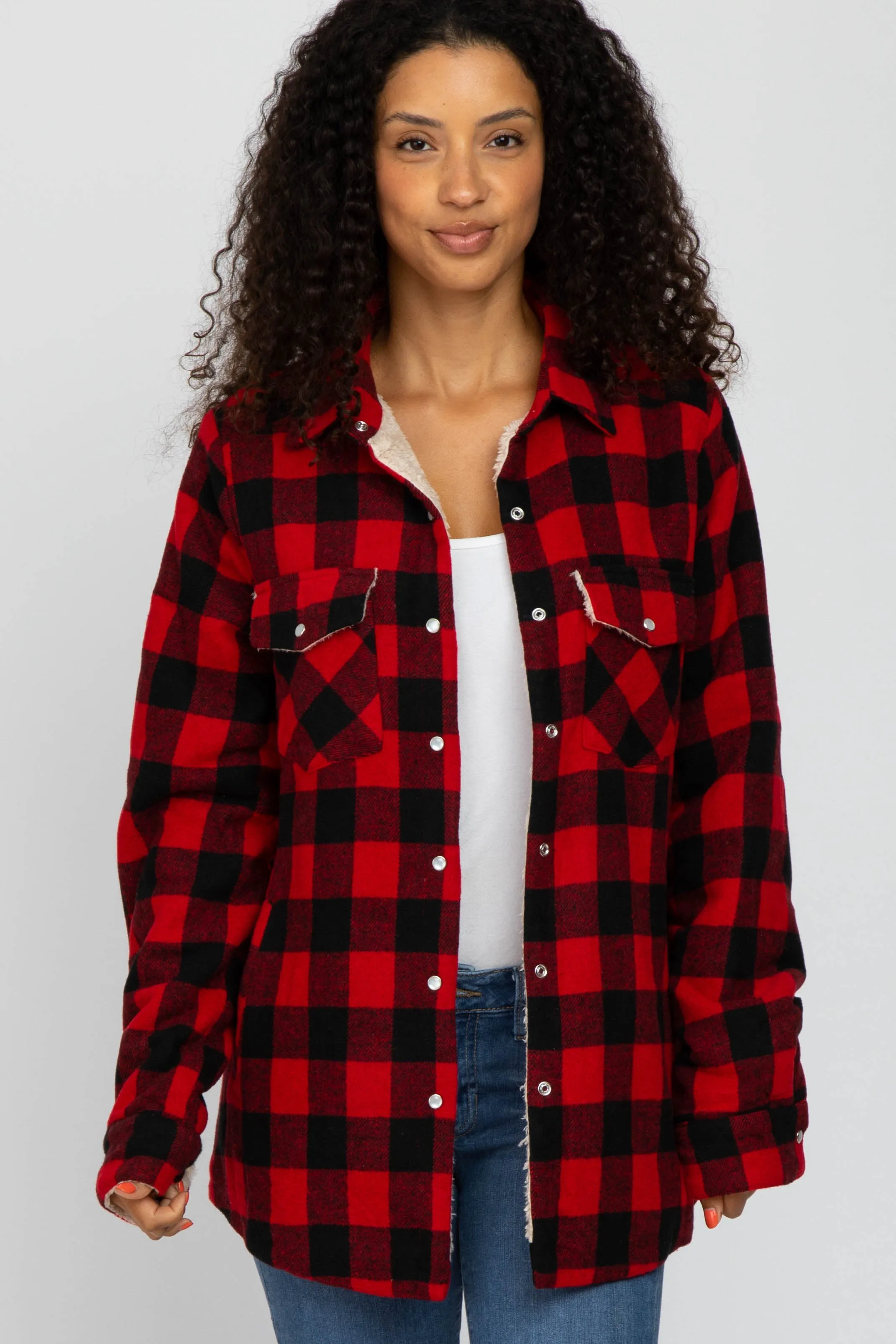 Red Black Plaid Sherpa Lined Jacket