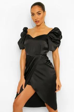 Satin Puff Sleeve Wrap Midi Dress