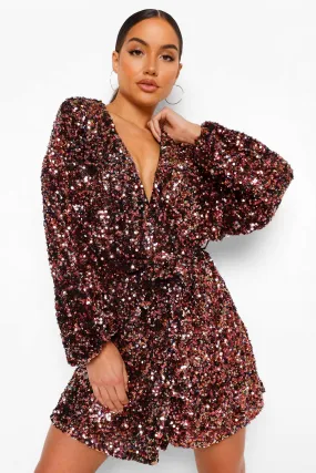 Sequin Long Sleeve Wrap Mini Dress