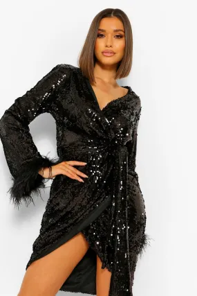 Sequin Wrap Feather Trim Midi Dress