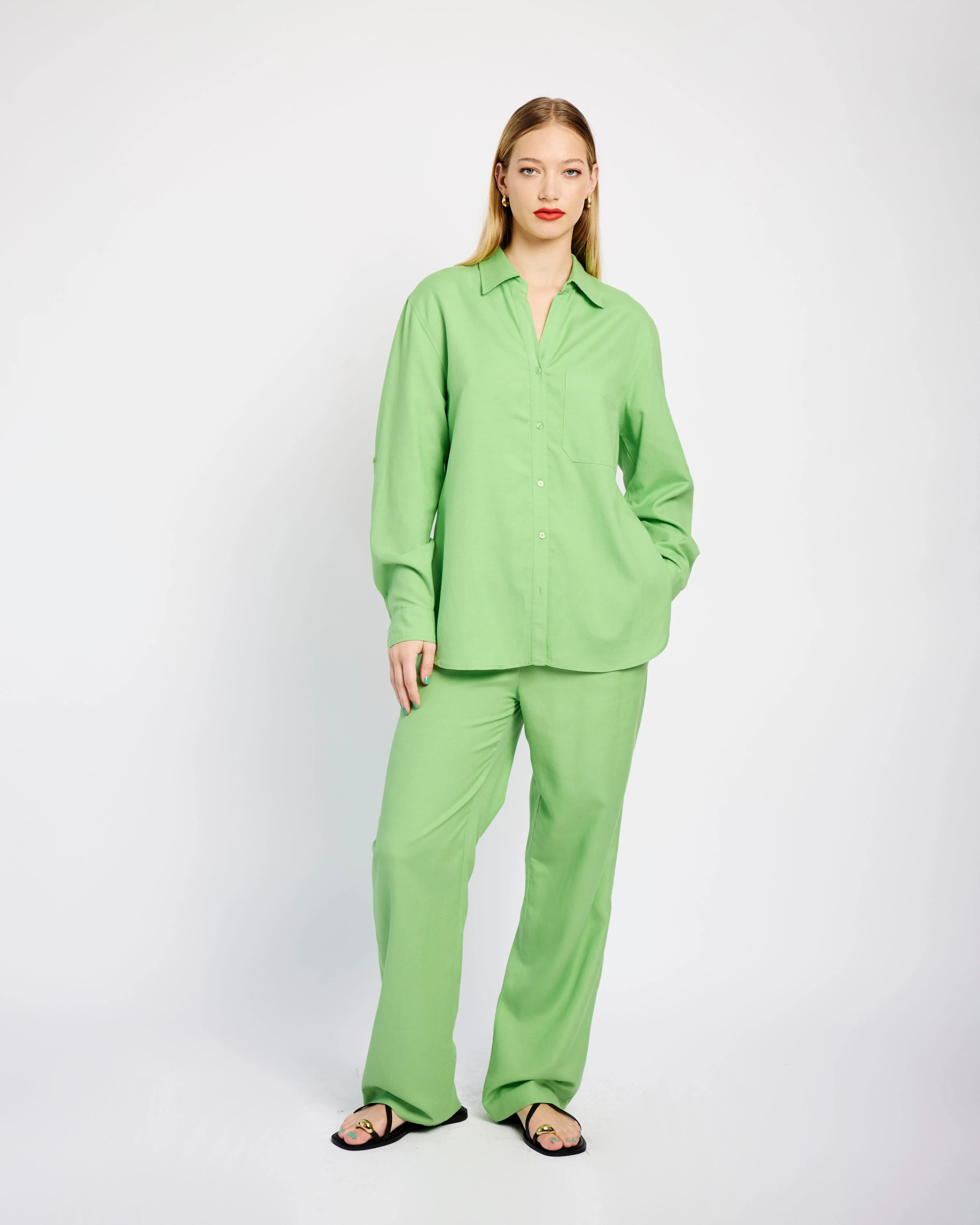 Straight Leg Linen Pants in Green