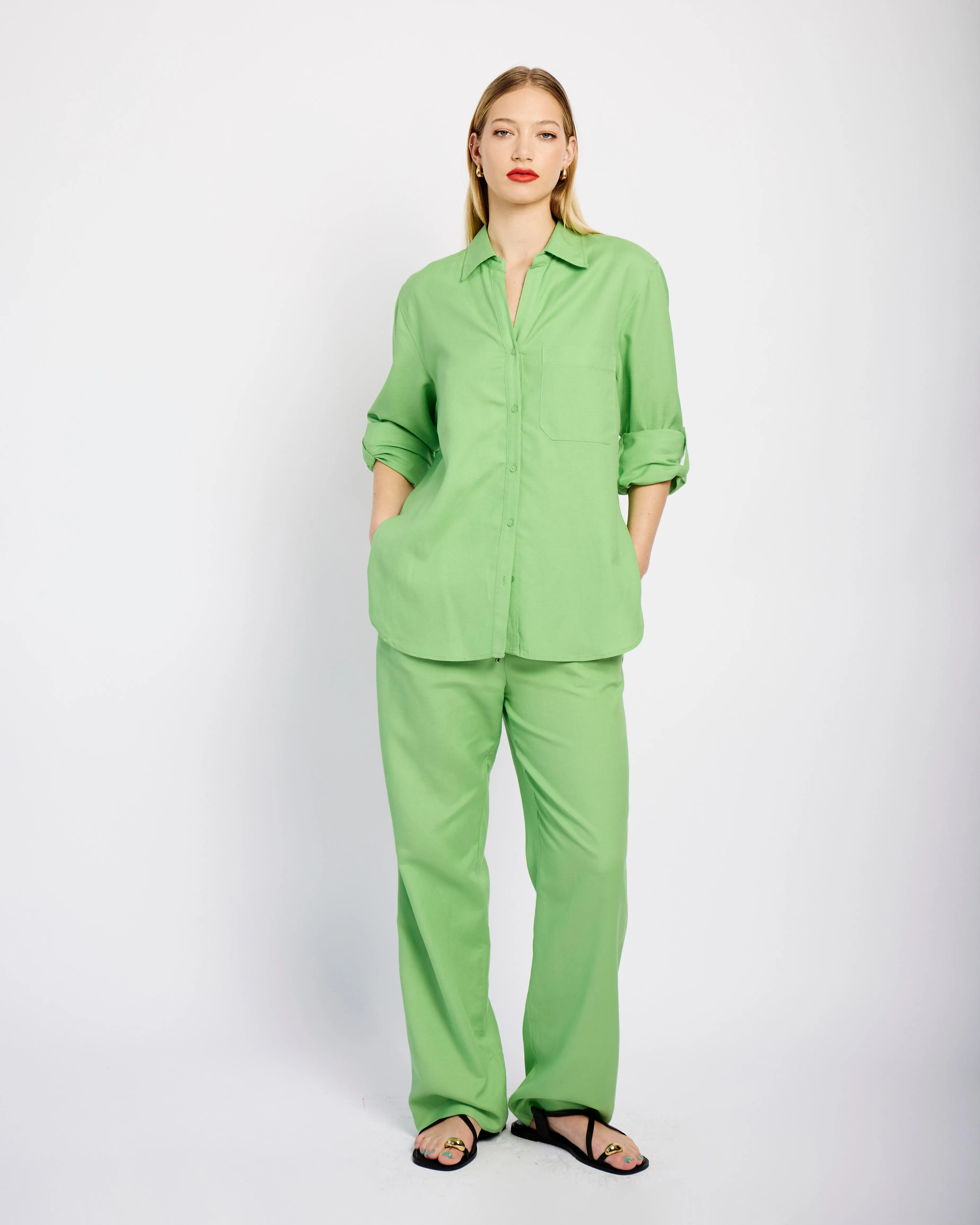 Straight Leg Linen Pants in Green