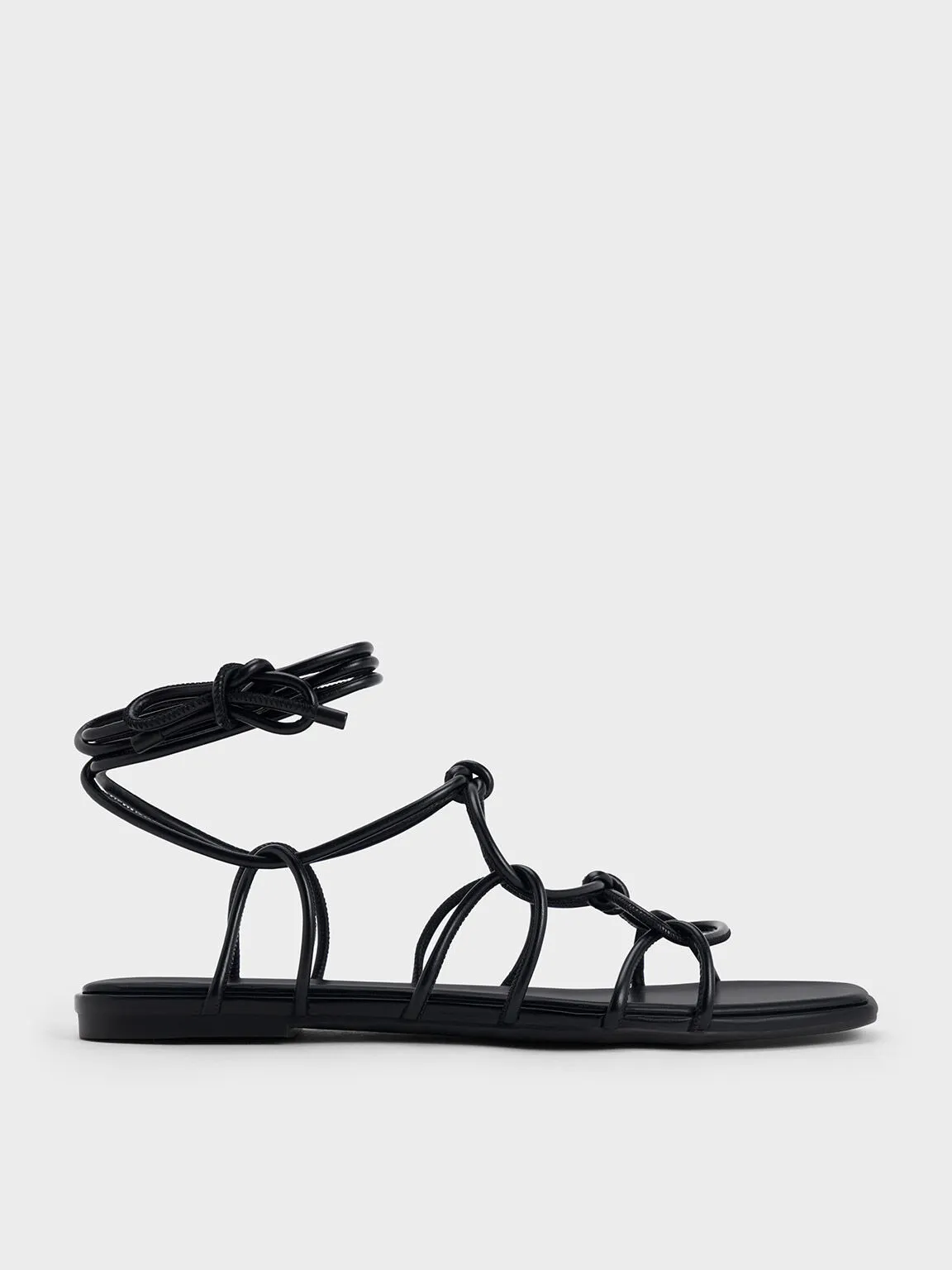 Strappy Knotted Tie-Around Sandals - Black