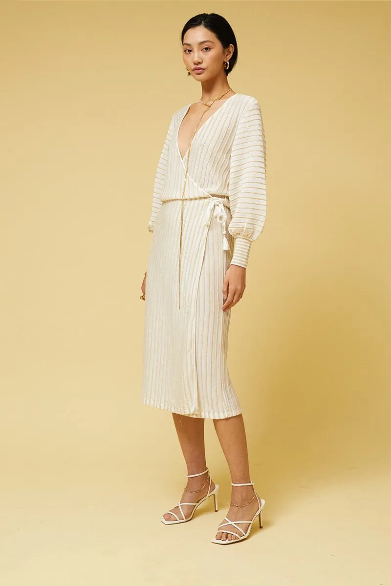 ----Suboo   ----Adele Stripe Wrap Midi Dress - Gold Metallic ---