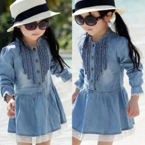 Toddler Kids Baby Girls Long Sleeve Denim Dress Lace Flower Hem Jeans One-piece DressesSM6