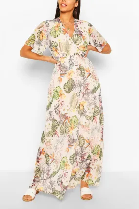 Tropical Print Wrap Front Maxi Dress