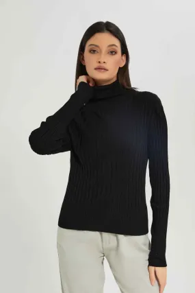 Women Black Ribbed High-Neck Pullover