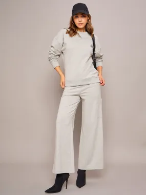 Women Grey Melange Terry Oversized Sweatshirt With Wide Leg Track Pants