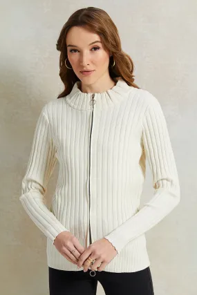 Women White Ribbed Pullover