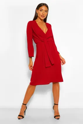 Woven Knot Front Wrap Midi Dress