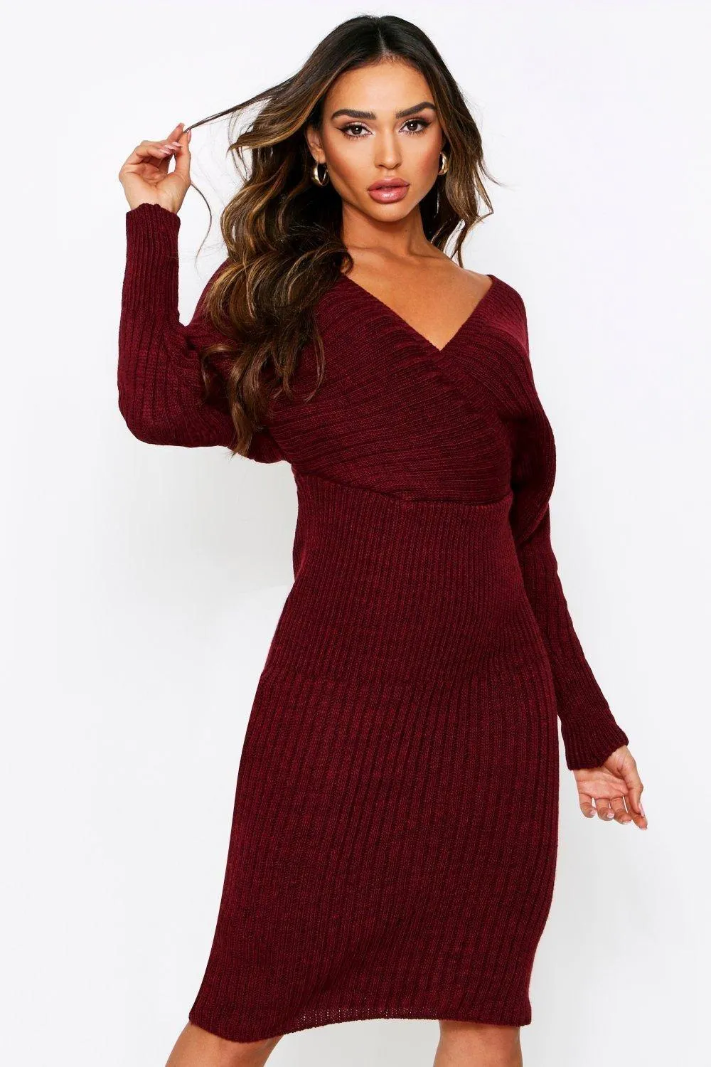 Wrap Batwing Knitted Midi Dress