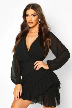 Wrap Front Frill Hem Mini Dress