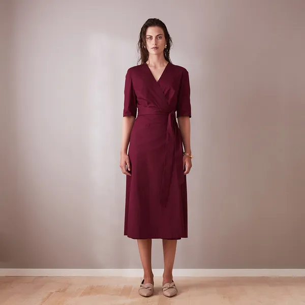 Wrap Midi Dress With Short Sleeve - Bordeaux