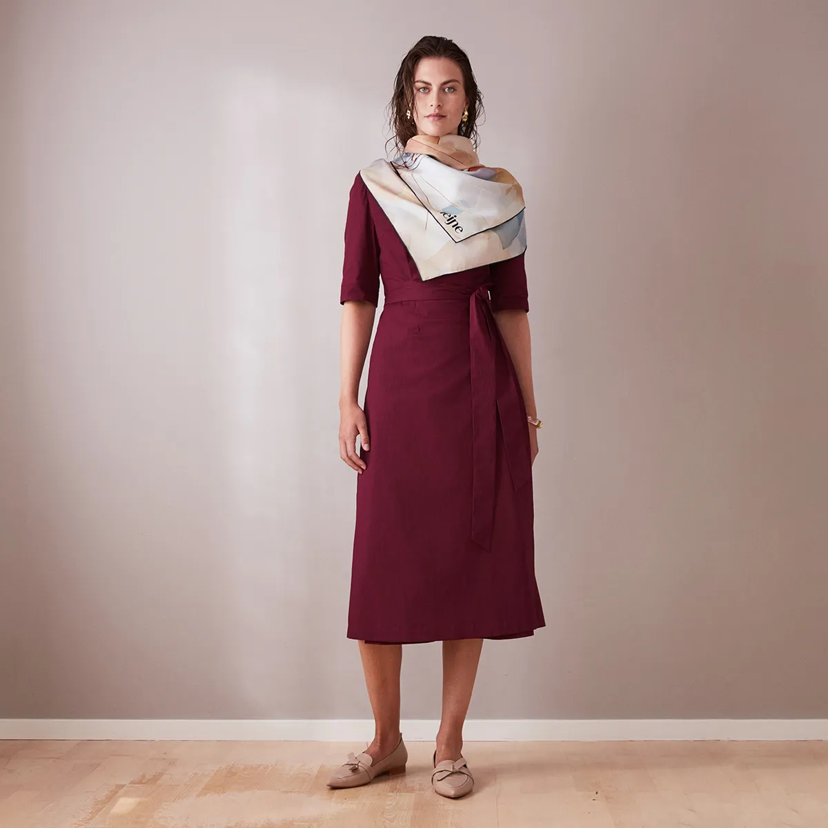 Wrap Midi Dress With Short Sleeve - Bordeaux