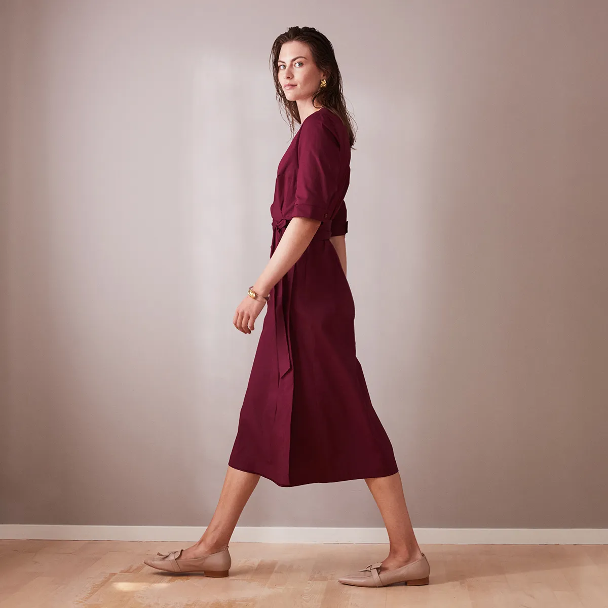 Wrap Midi Dress With Short Sleeve - Bordeaux