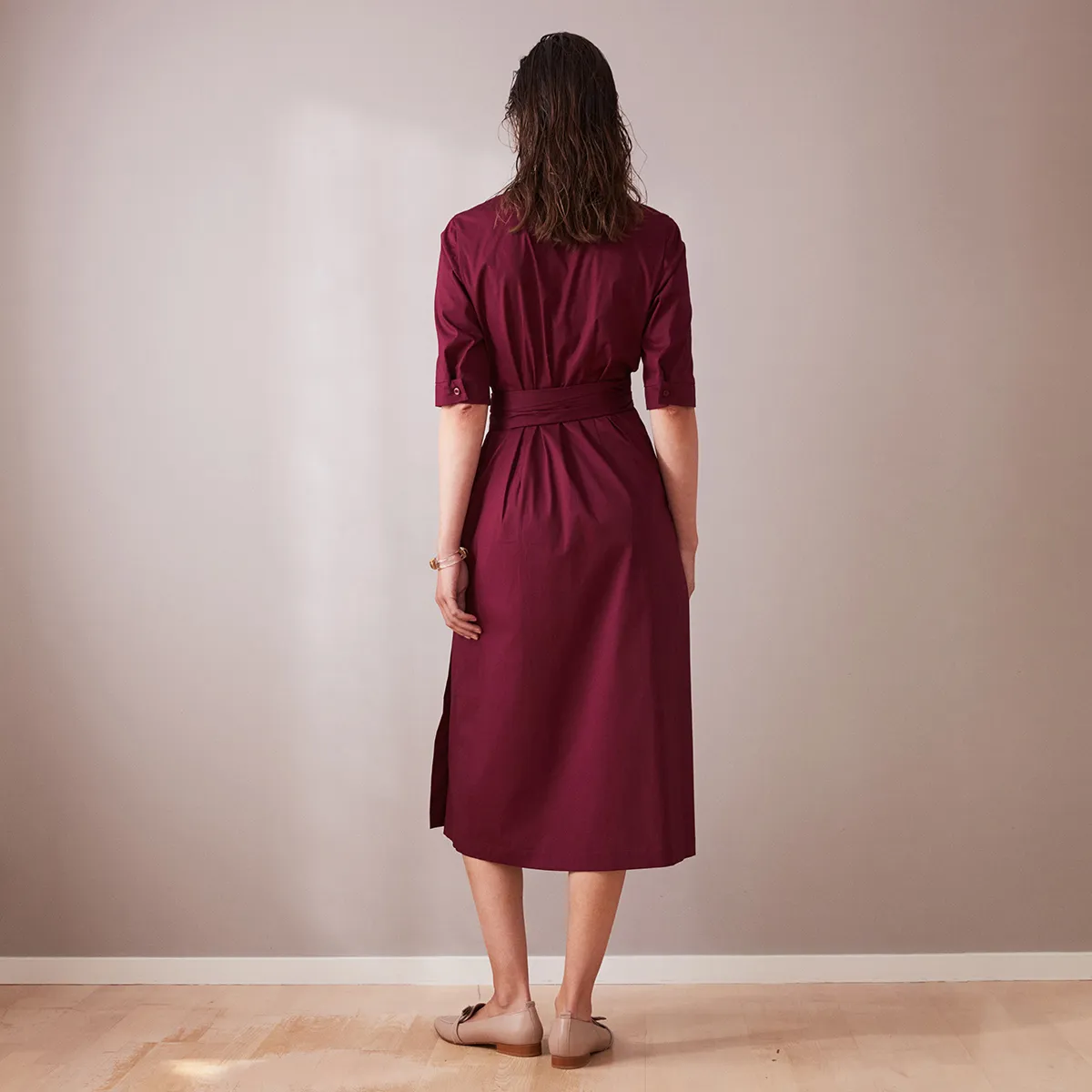 Wrap Midi Dress With Short Sleeve - Bordeaux